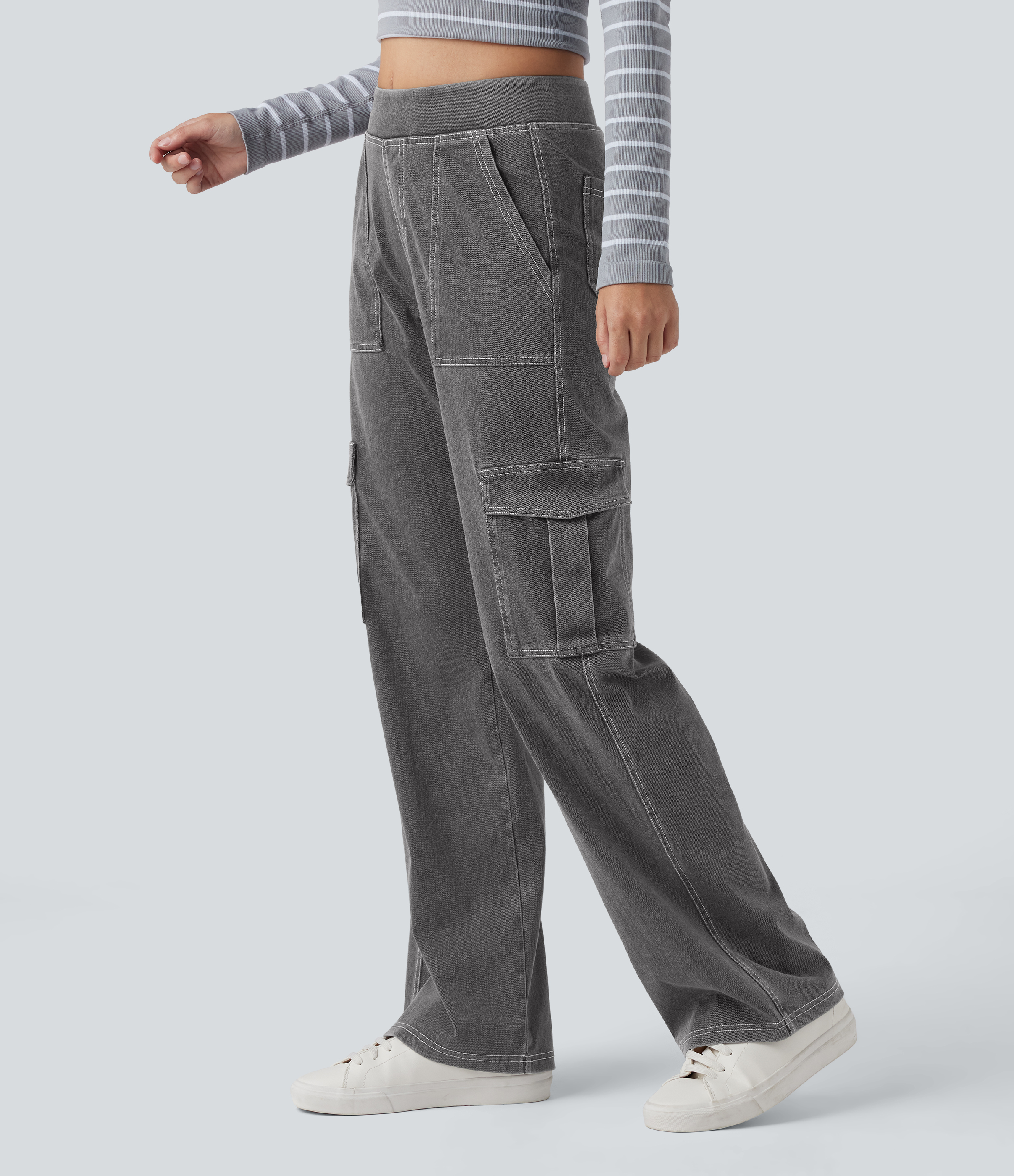 Flex™ Mid Rise Pockets Straight Leg Casual Cargo Jeans  - Cool Gray Denim