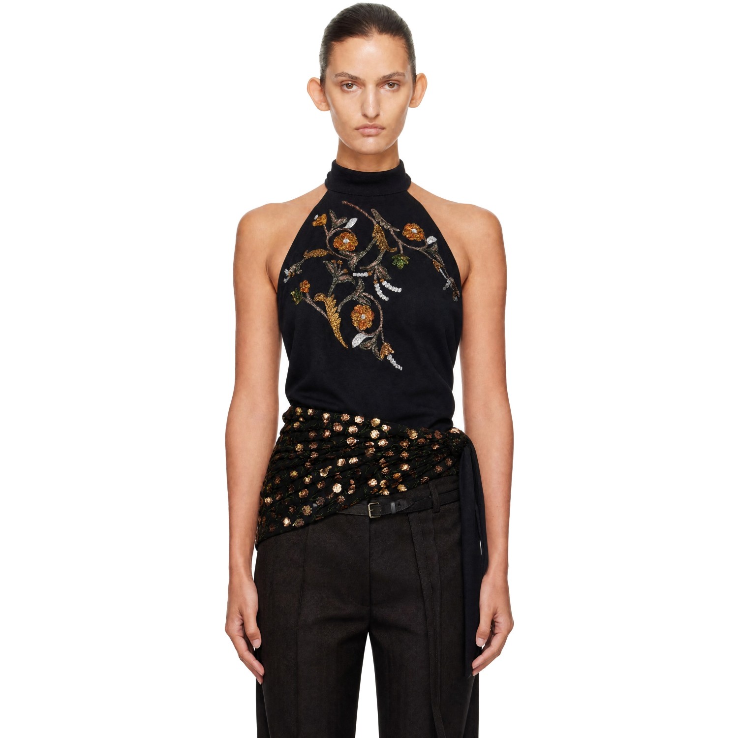 Black Sequinned Wrap Halter Blouse