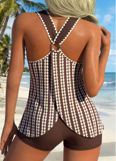 Modlily Dark Coffee Mid Waisted Circular Ring Tankini Set