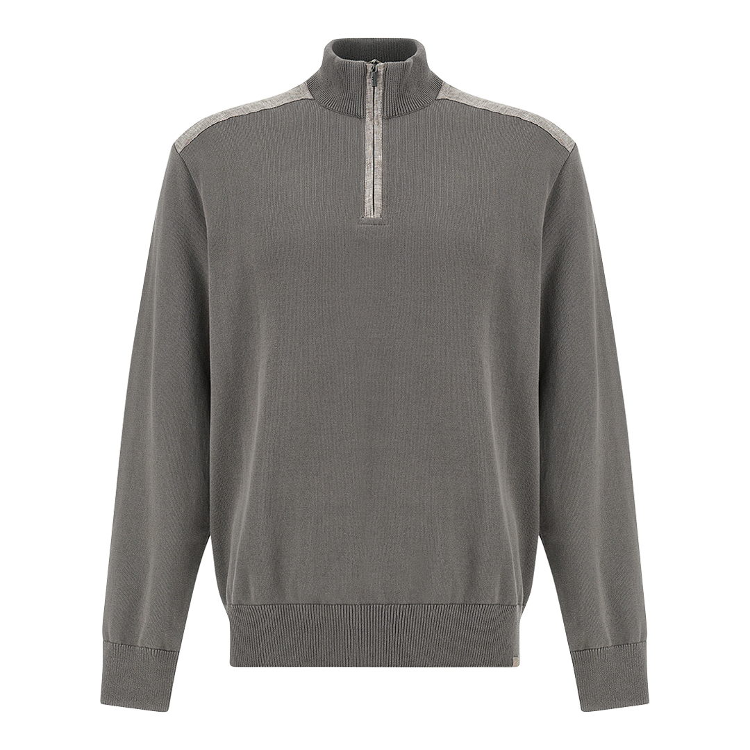 Half‑zip sweater in Fresco cotton with linen details, Man, Morel