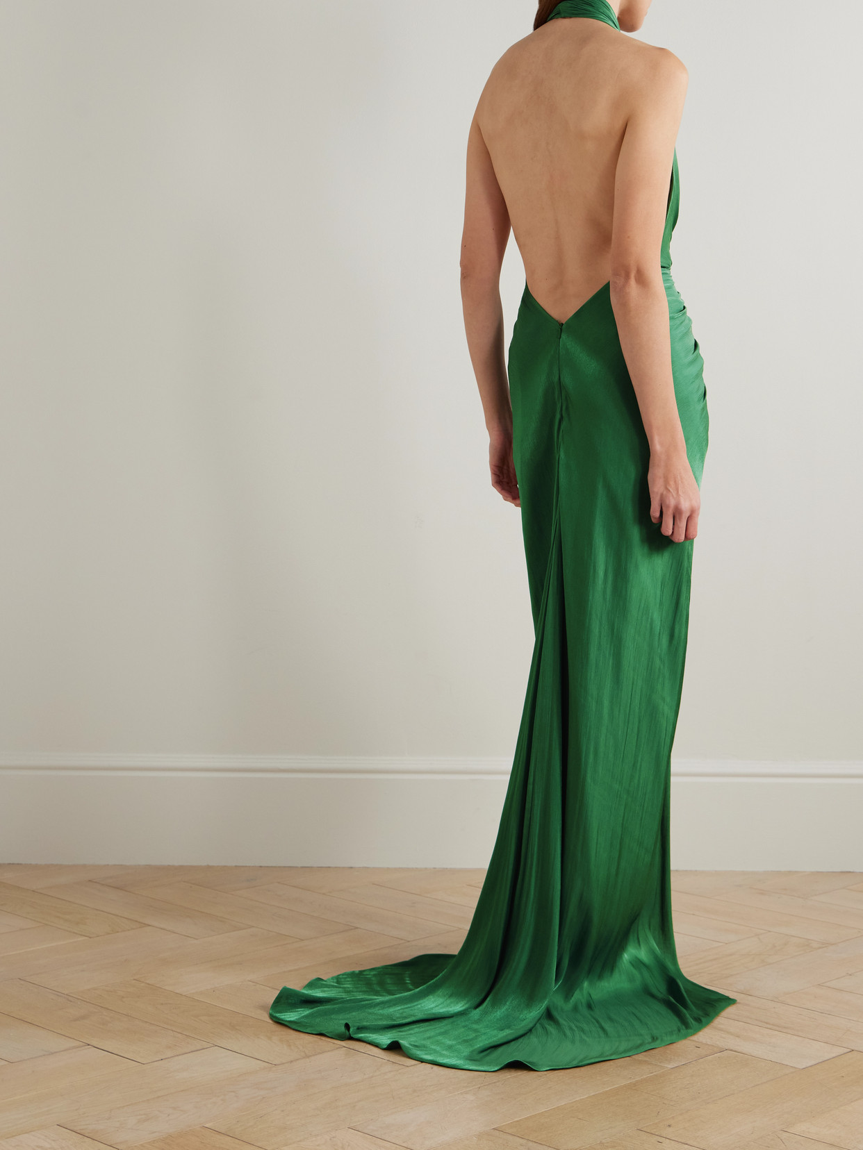 Twist-front Metallic Georgette Halterneck Gown - Green