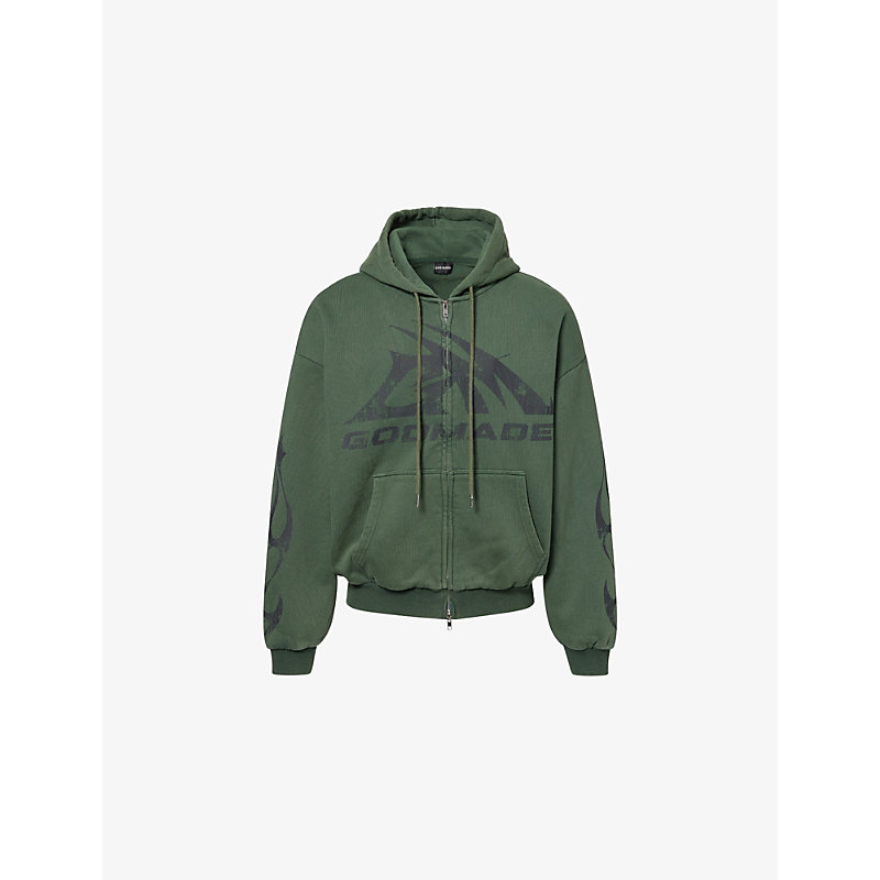 Mens Brand-Print Washed Cotton-Jersey Hoodie