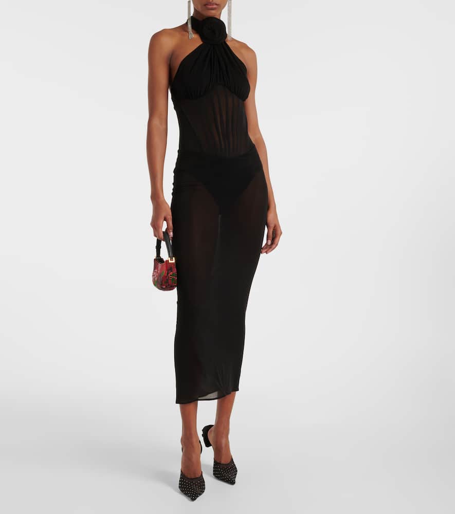 Floral-appliqué sheer cocktail dress