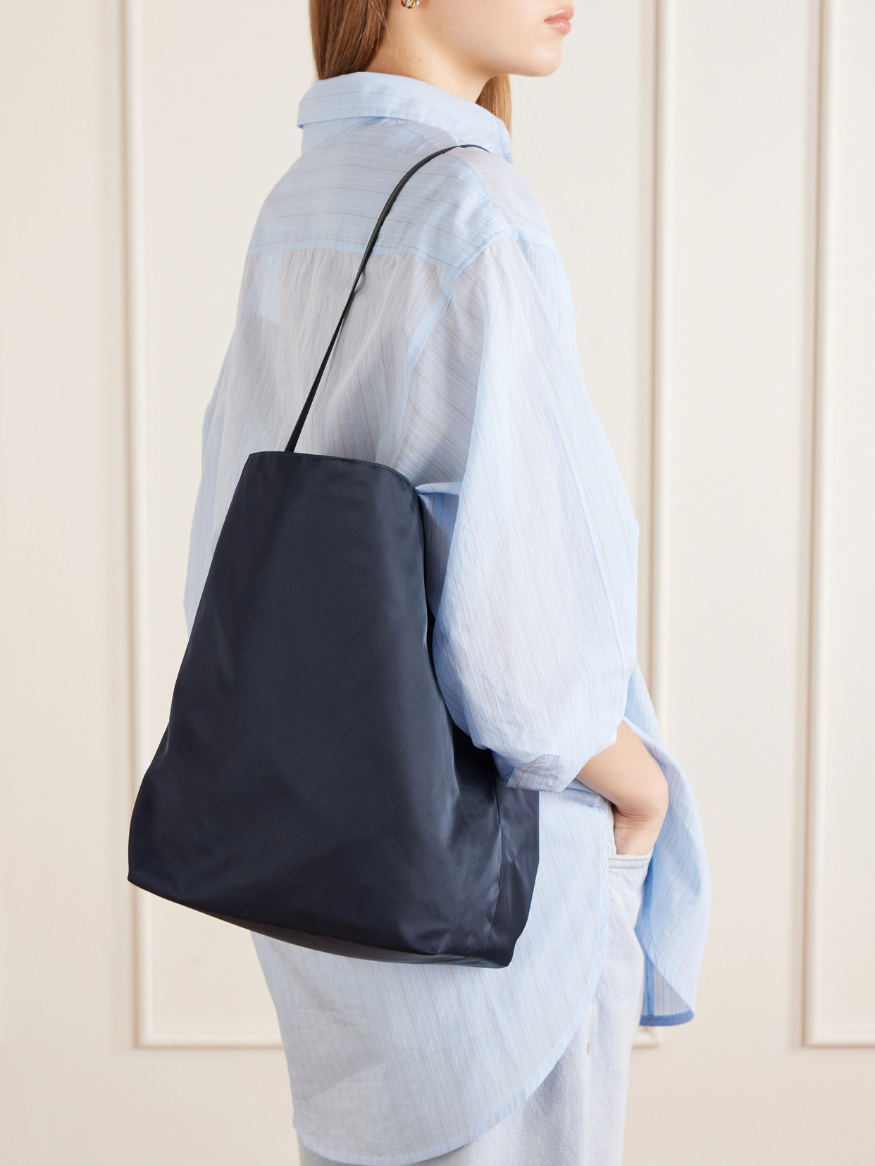 Bucket Leather-trimmed Satin-shell Tote - Blue