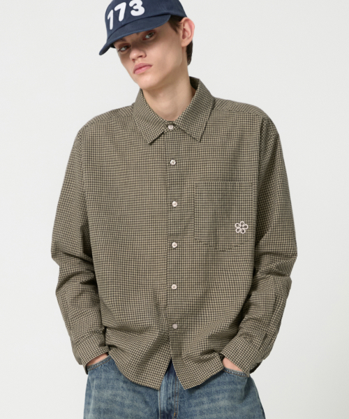 Flower Embroidery Crop Check Shirt_Khaki