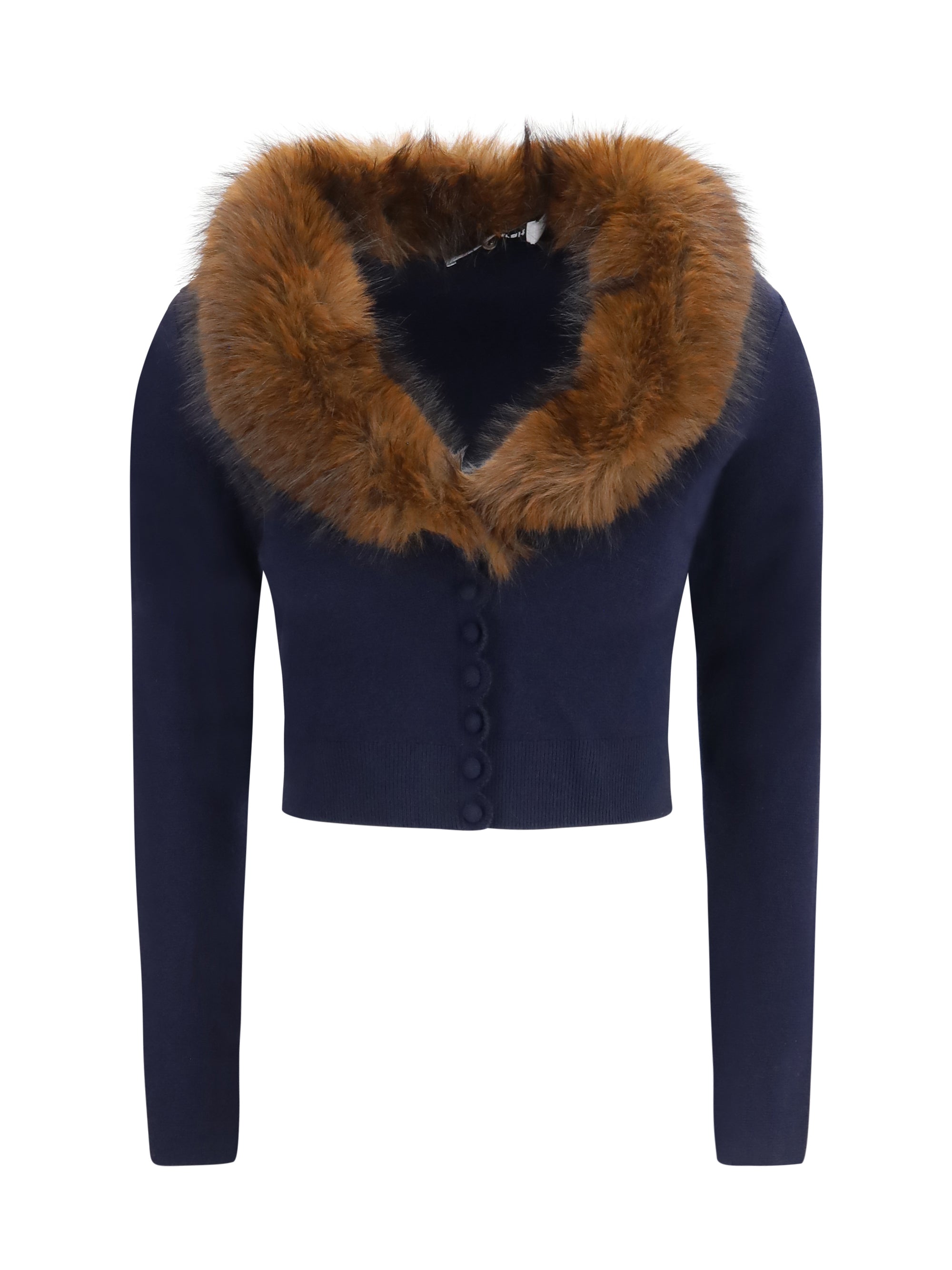 Knit and Faux Fur Cardigan — Navy