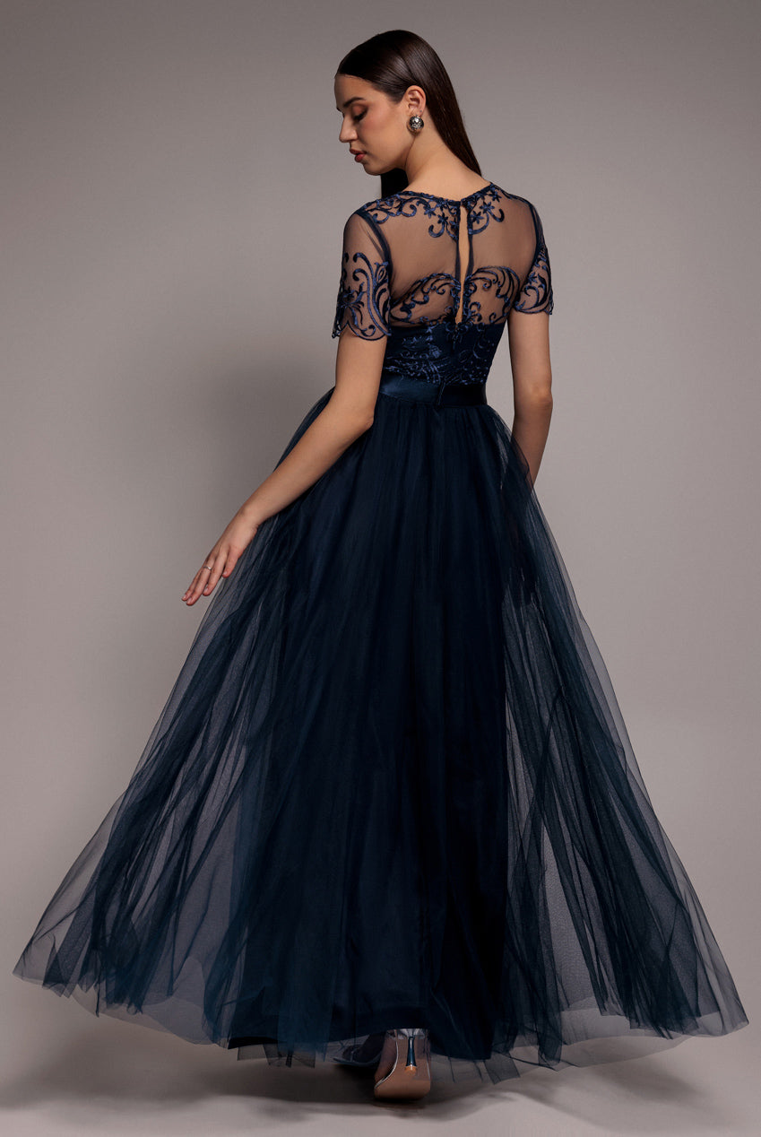 Goddiva Embroidered Mesh Maxi Dress - Navy
