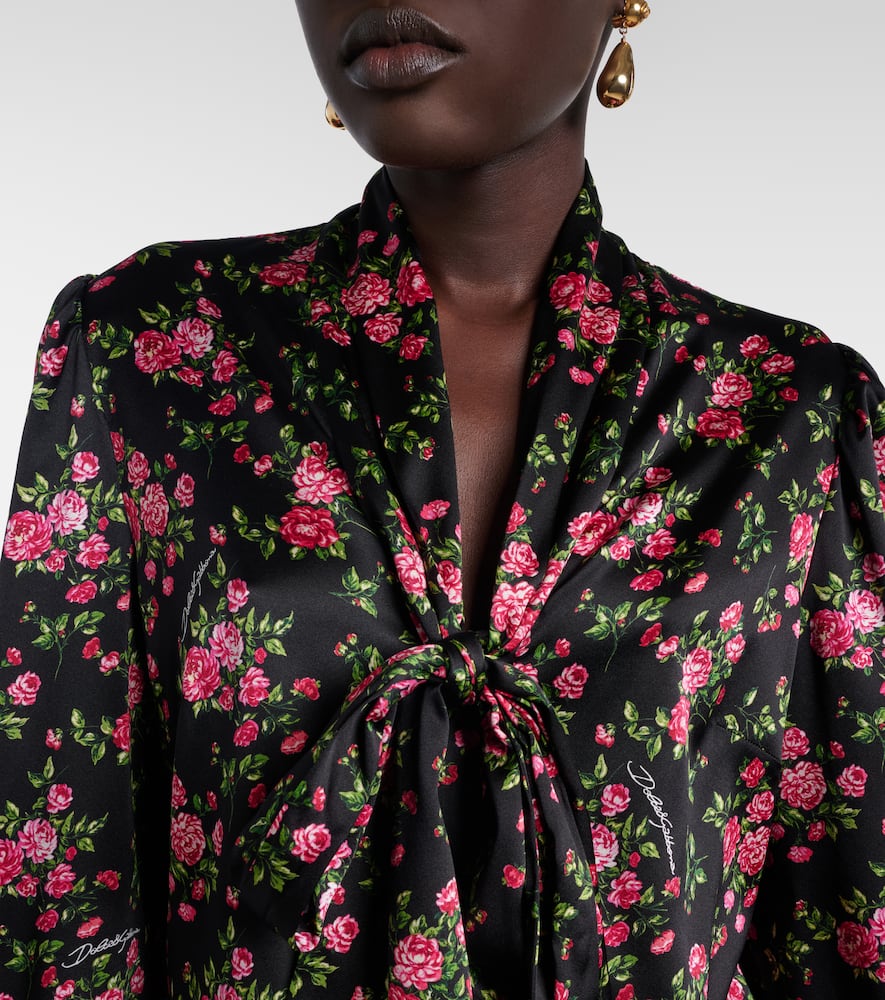 Floral tie-neck silk-blend satin blouse