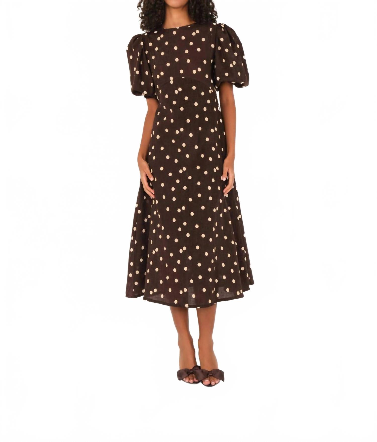 Dawn Linen Midi Dress In Brown Polka Dot