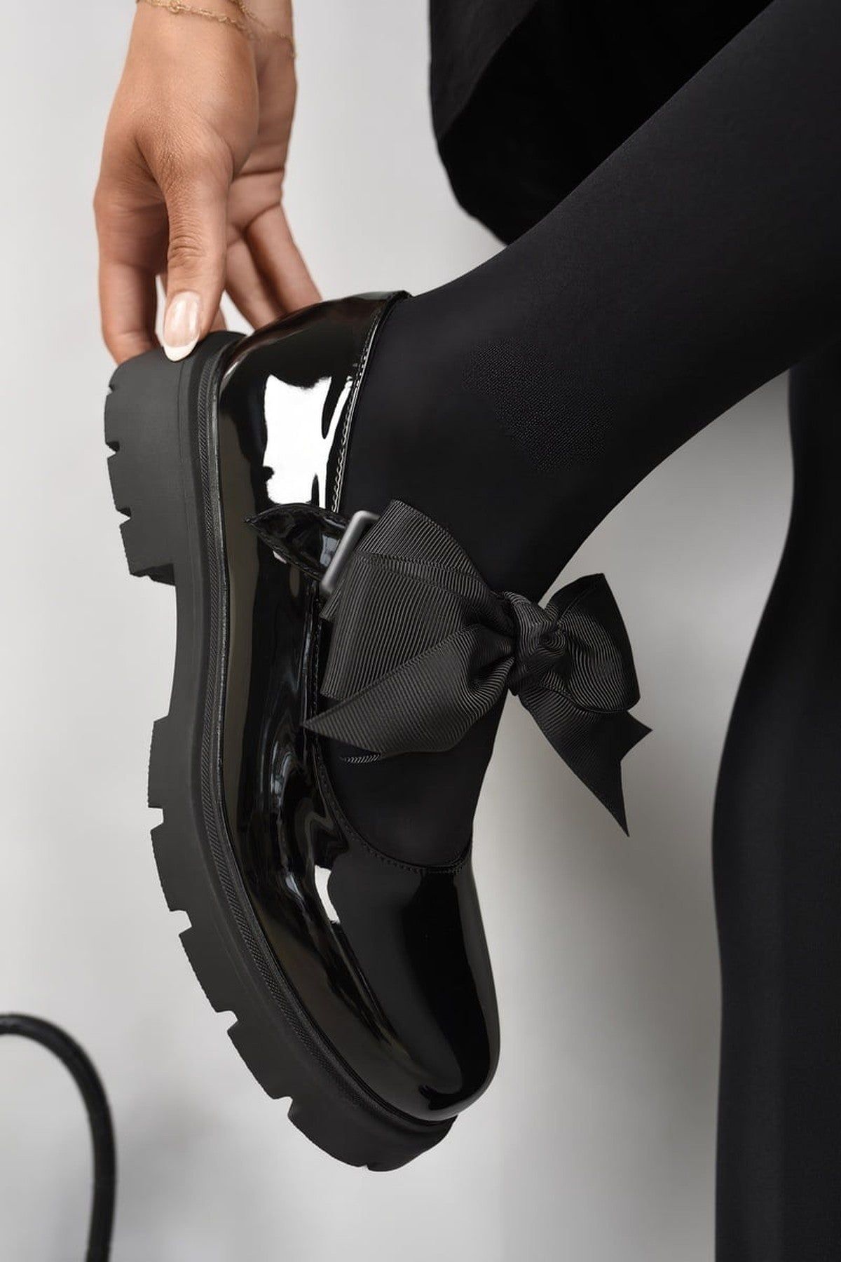 Ikrush Taylee Chunky Sole Patent Ballet Flats With Bow Detail In Black