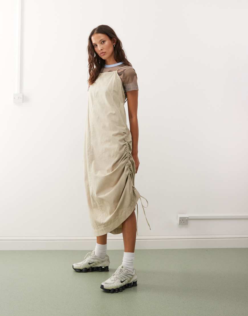Utility washed midi cami dress in stone-Neutral
