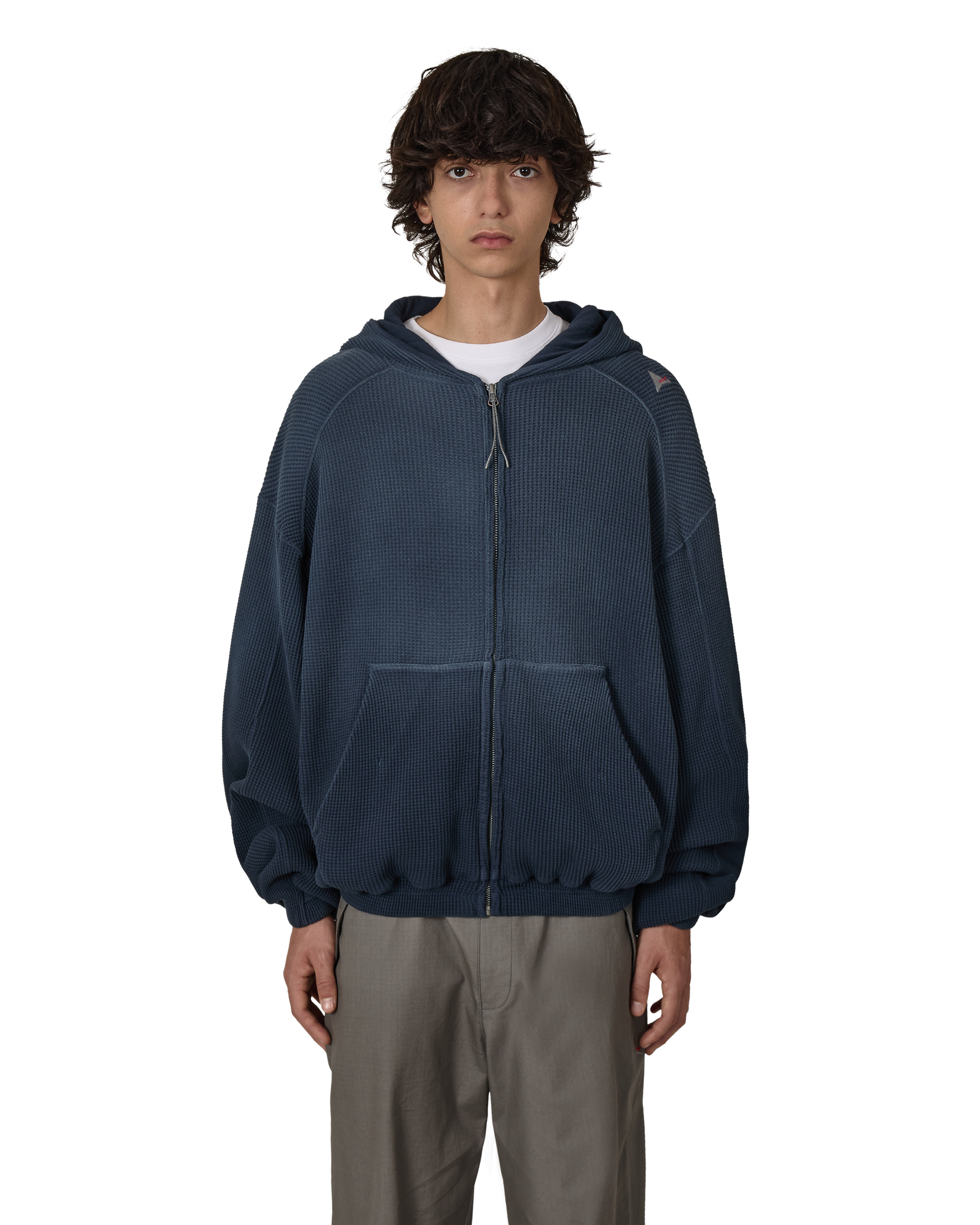 ROA Bee Sun Faded Organic Waffle Zip Up Hoodie Blue Sweatshirts Male