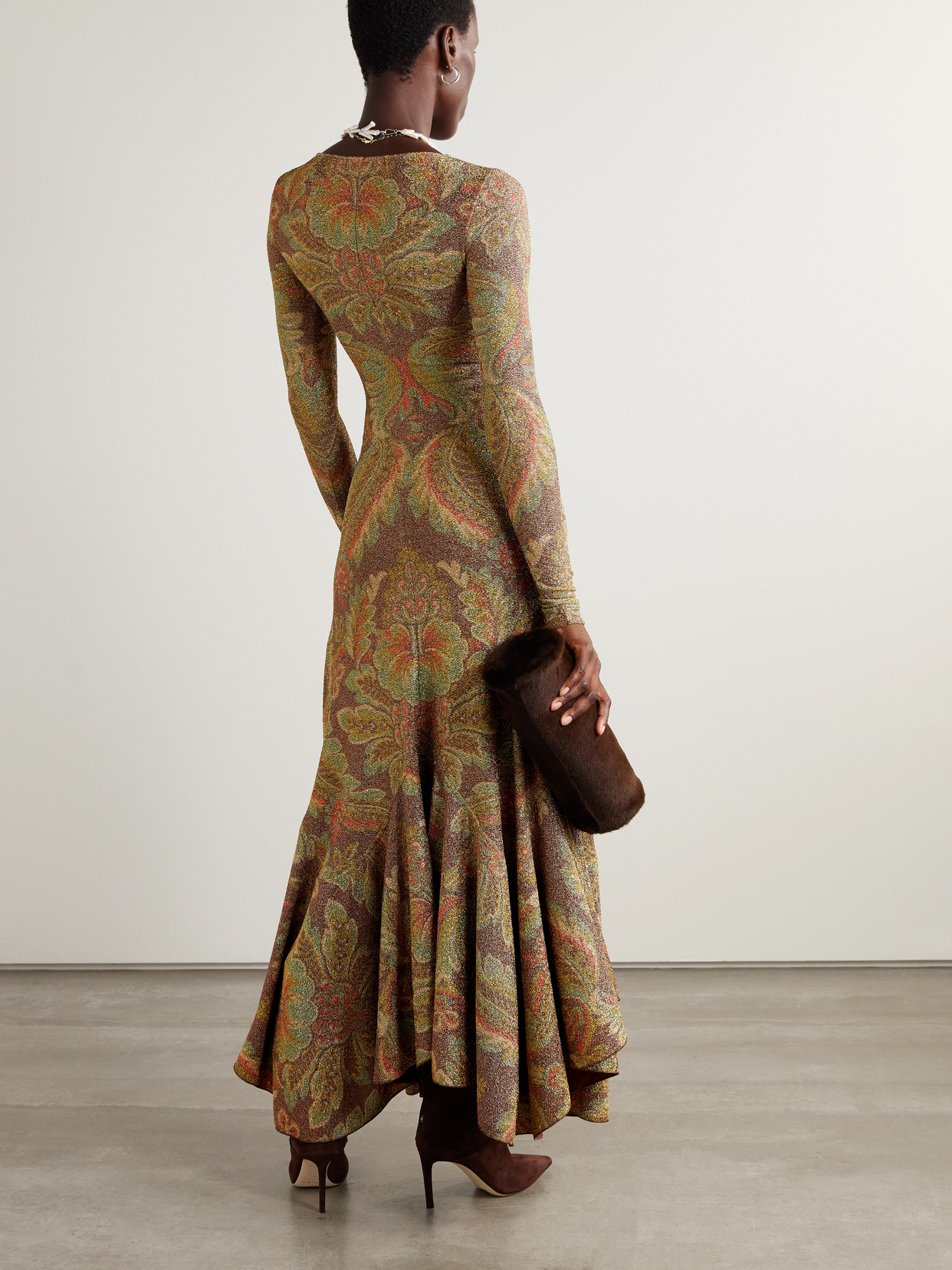 Asymmetric Paisley-print Metallic Cloqué Midi Dress - Brown