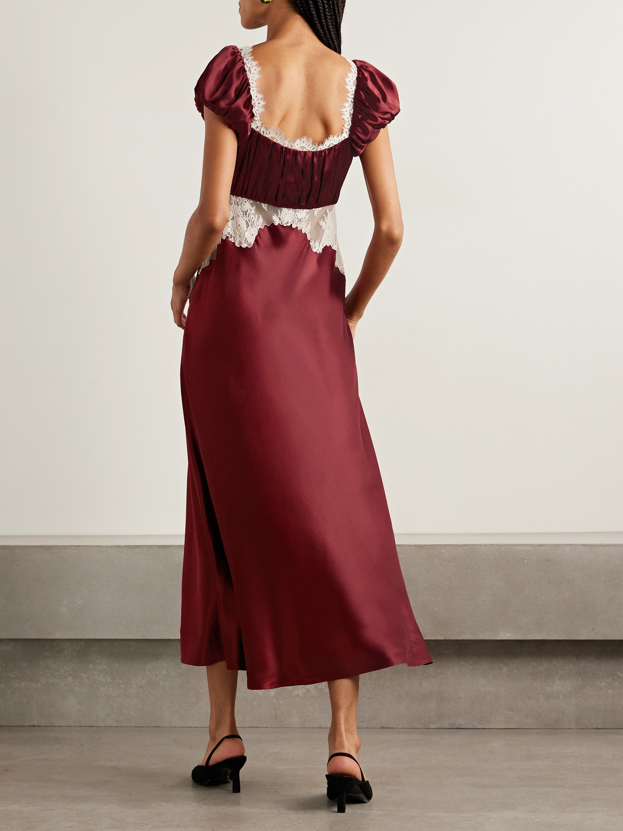 Veda Bow-detailed Corded Lace-trimmed Silk-charmeuse Midi Dress - Red