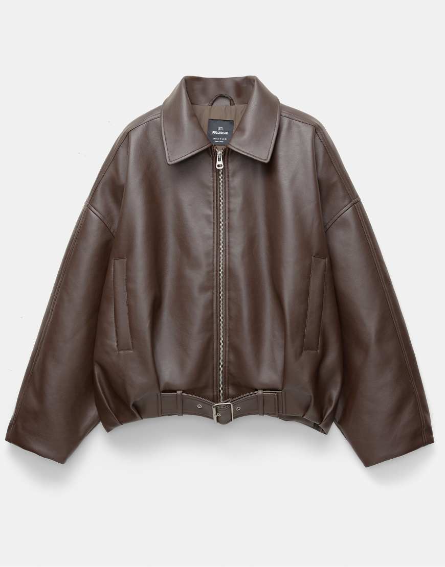Leather effect balloon bomber jacket in chocolate-Brown