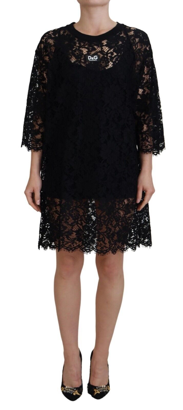 Floral Lace Cotton Dress — Black