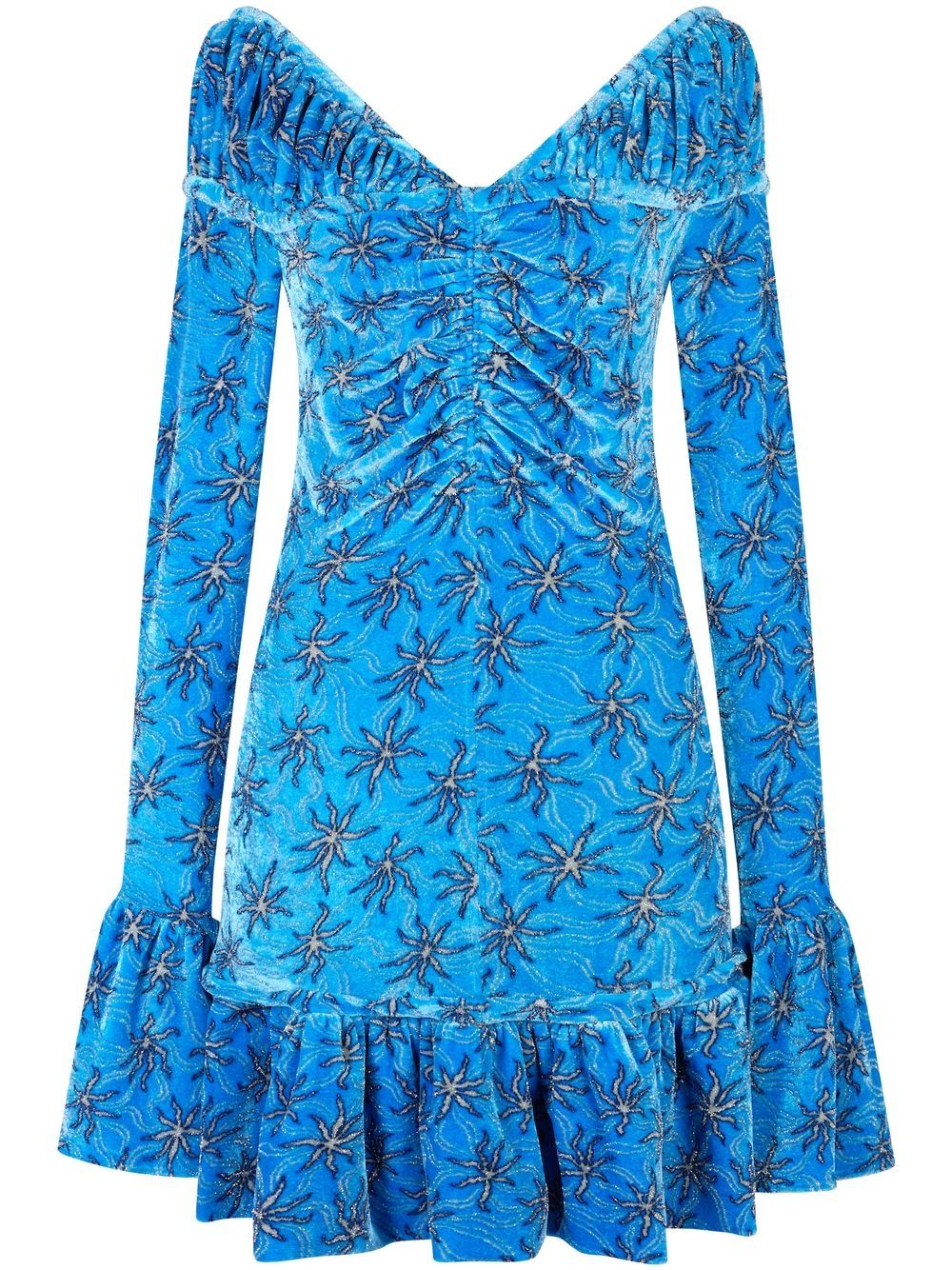 Floral-print flared velvet minidress - Blue