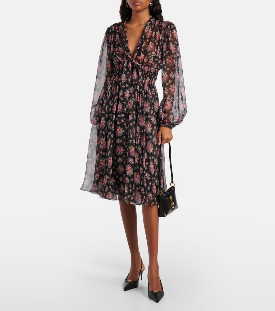Floral shirred silk midi dress