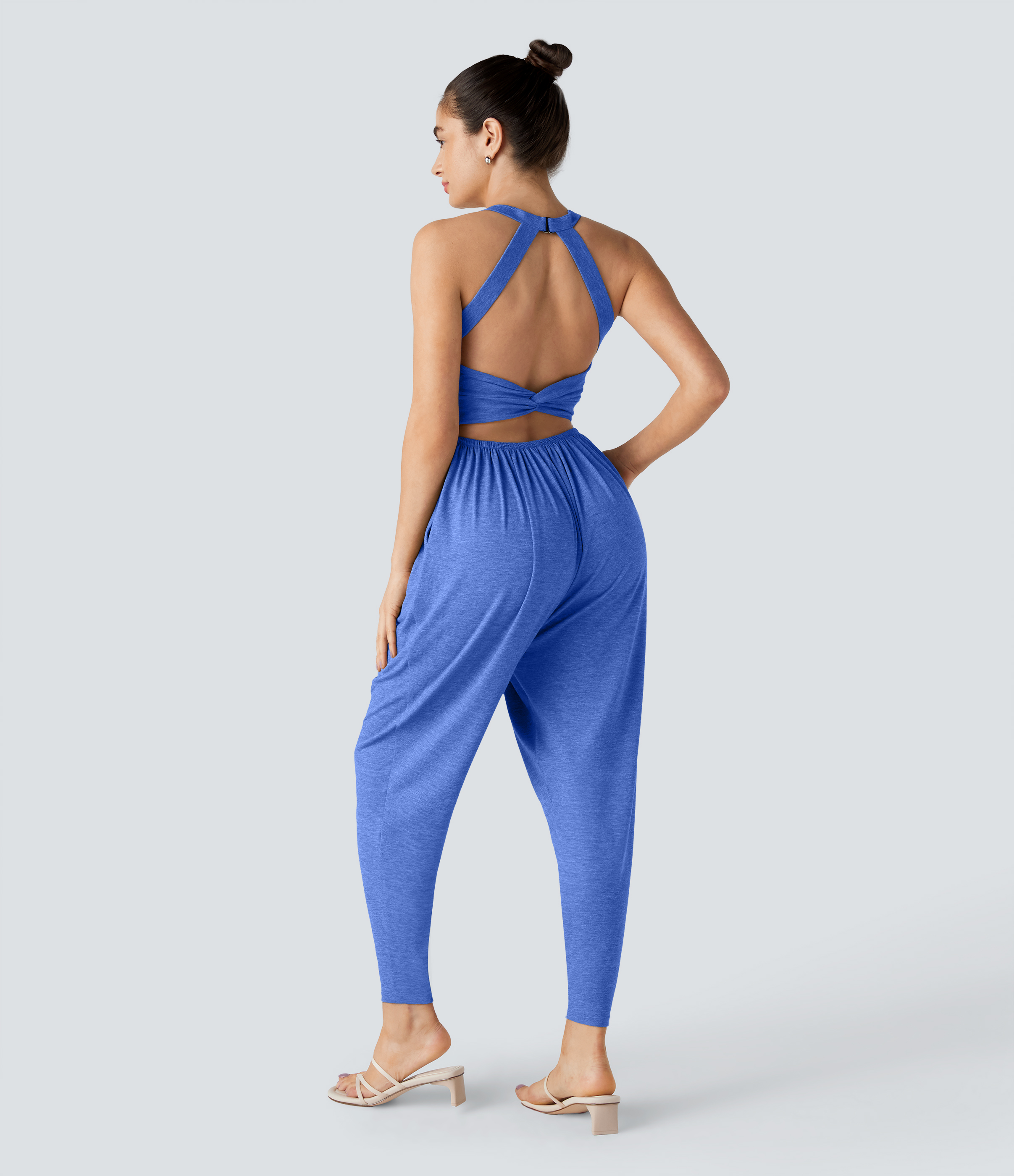 U Neck Pocket Harem Casual Jumpsuit-Easy Peezy Edition  - Sky Blue Floral Yarn
