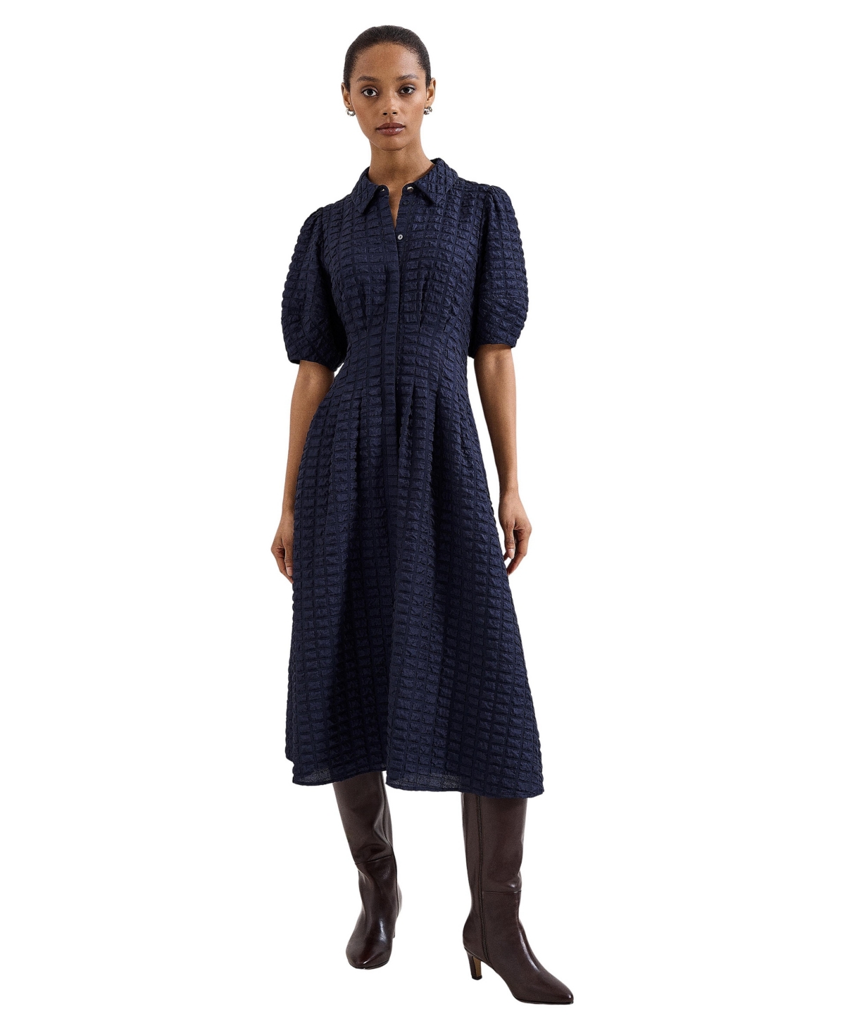 Women's Yasmine Textured Short-Sleeve Collared Midi Dress - Navy