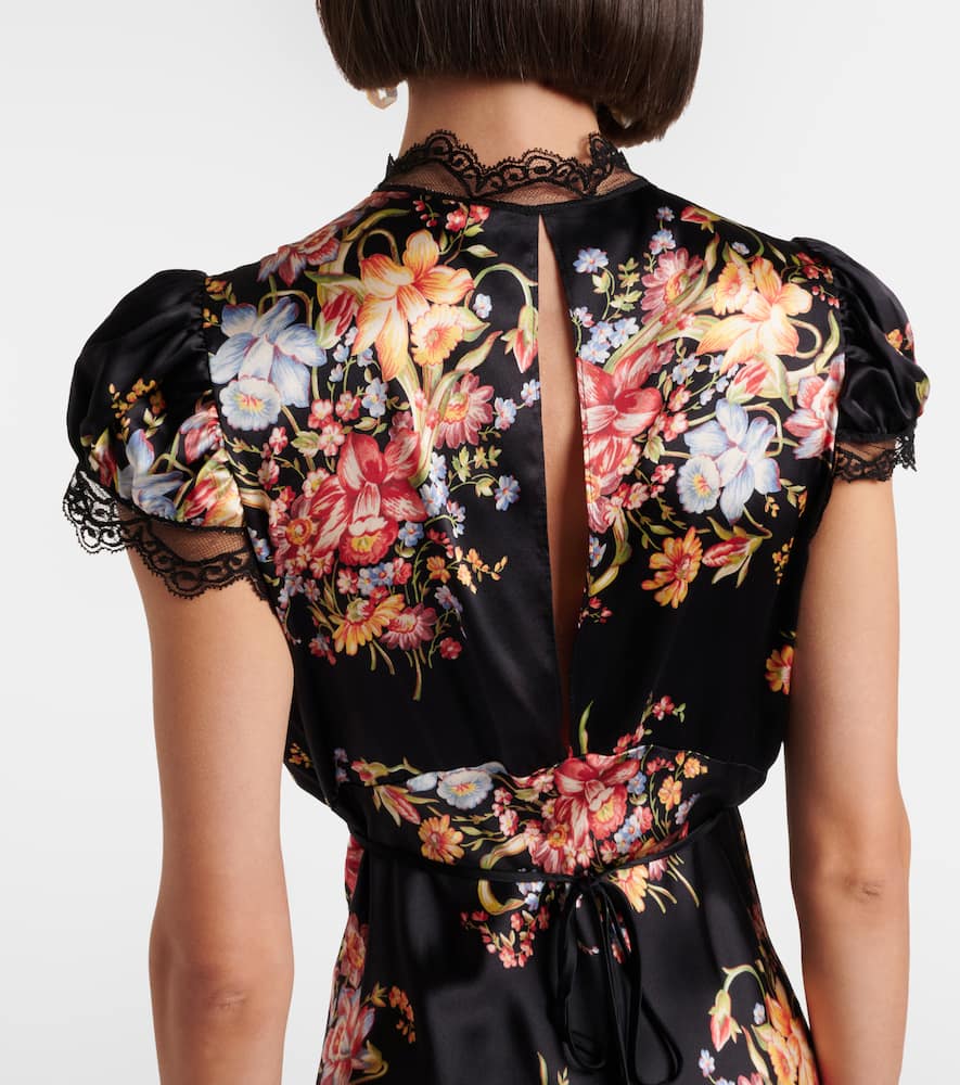 Floral lace-trimmed silk midi dress