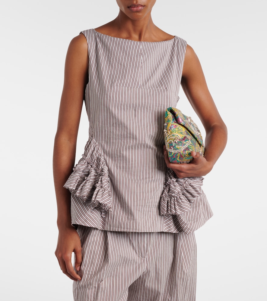 Striped ruffled cotton and silk top