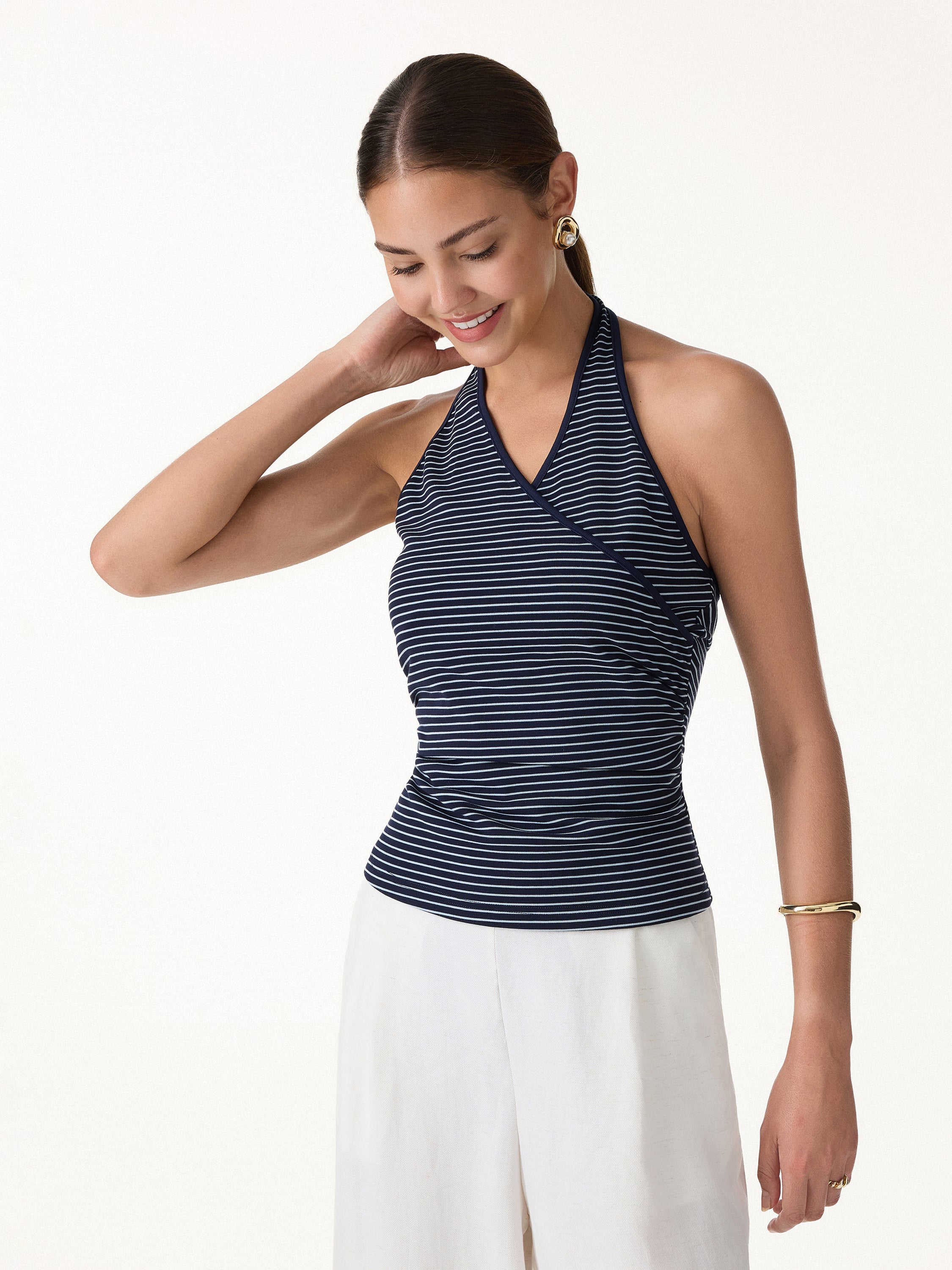 Striped Halter Neck Tank Top - Navy/White Stripe