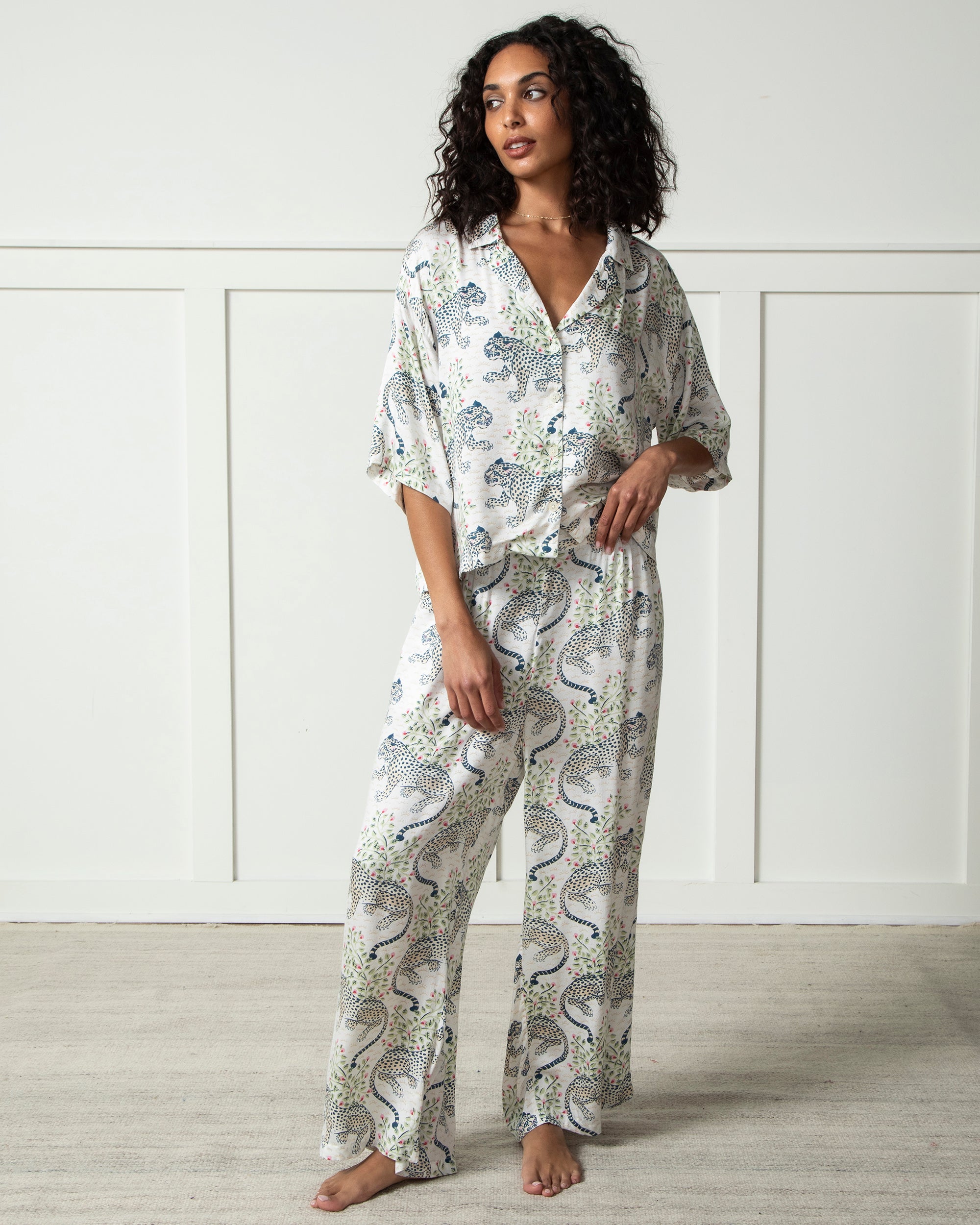 Eco Silky Short Sleeve and Pants Pajama Set in Leopard Bagheera | Women's Tall XS/T | White | Sleepwear