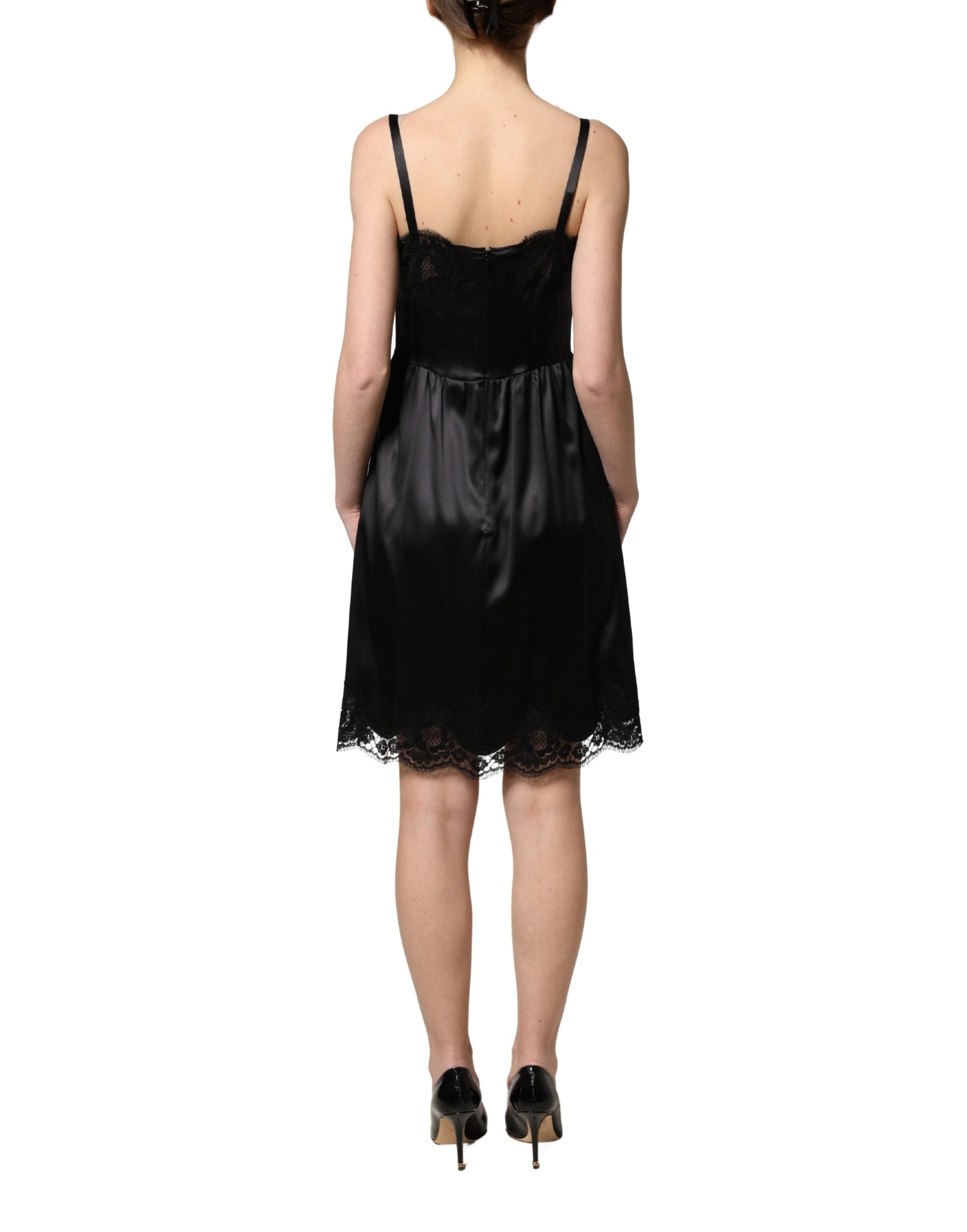 Silk Satin with Lace Trim Mini Dress — Black