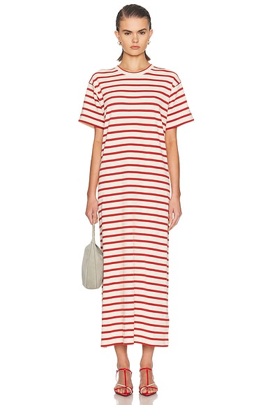 Jil Sander Short Sleeve Maxi Dress in Red - Cream. L also in M