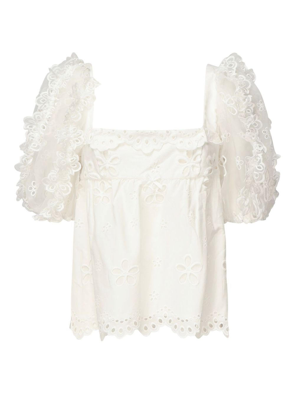 Eyelet-embroidered puff-sleeve top - Neutrals