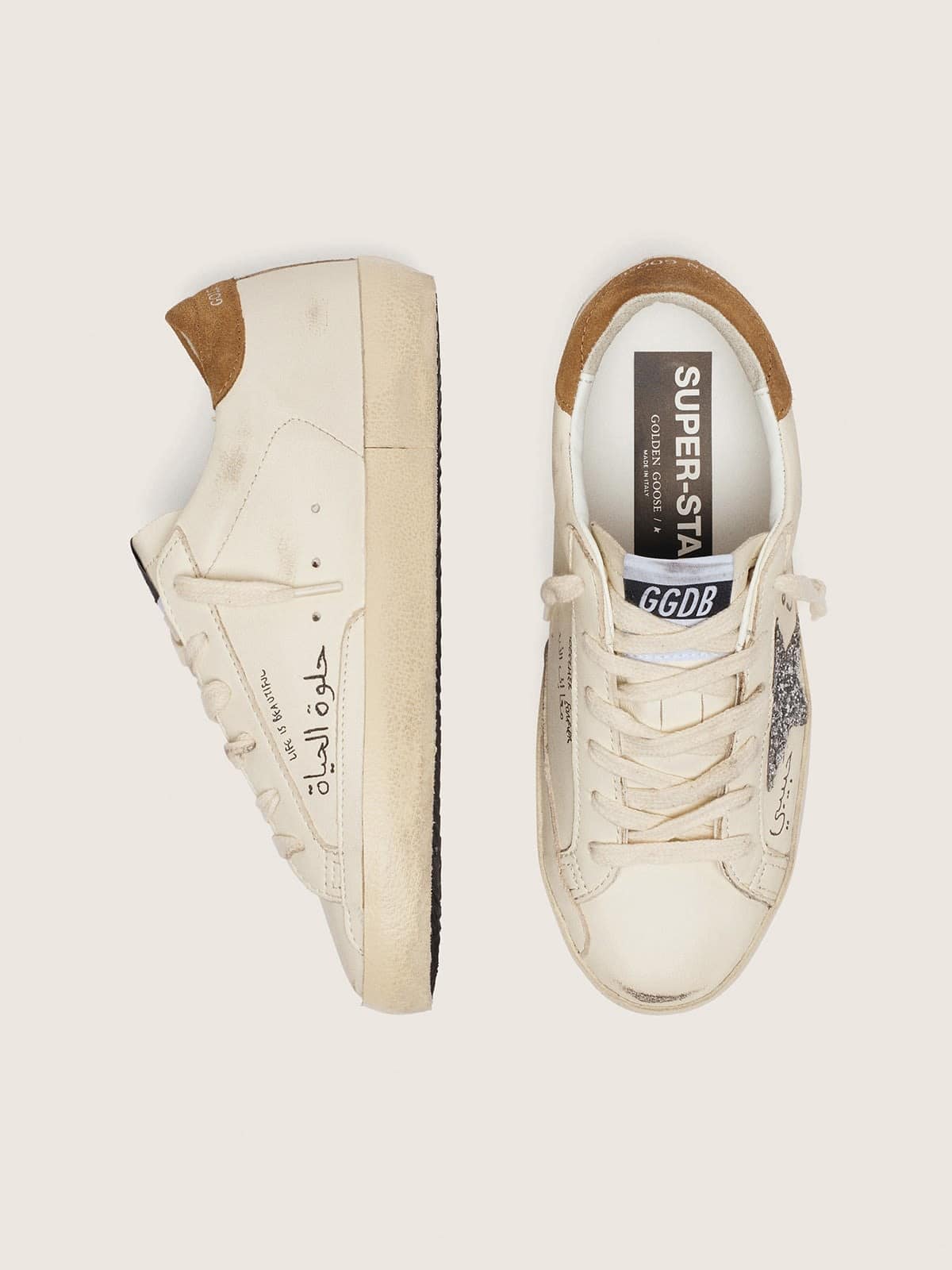 Golden Goose - Women’s Super-star In Nappa With Silver Glitter Star And All-over Lettering, Woman