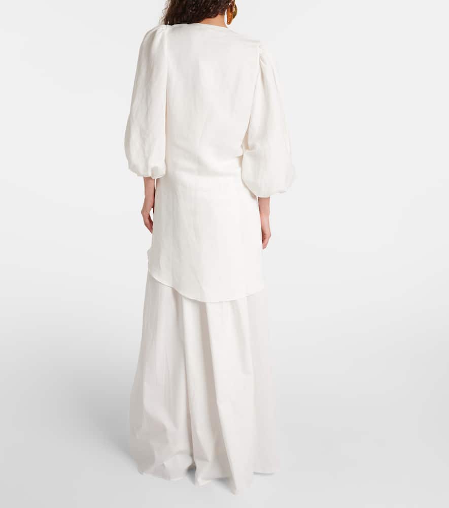 Puff-sleeve linen-blend blouse