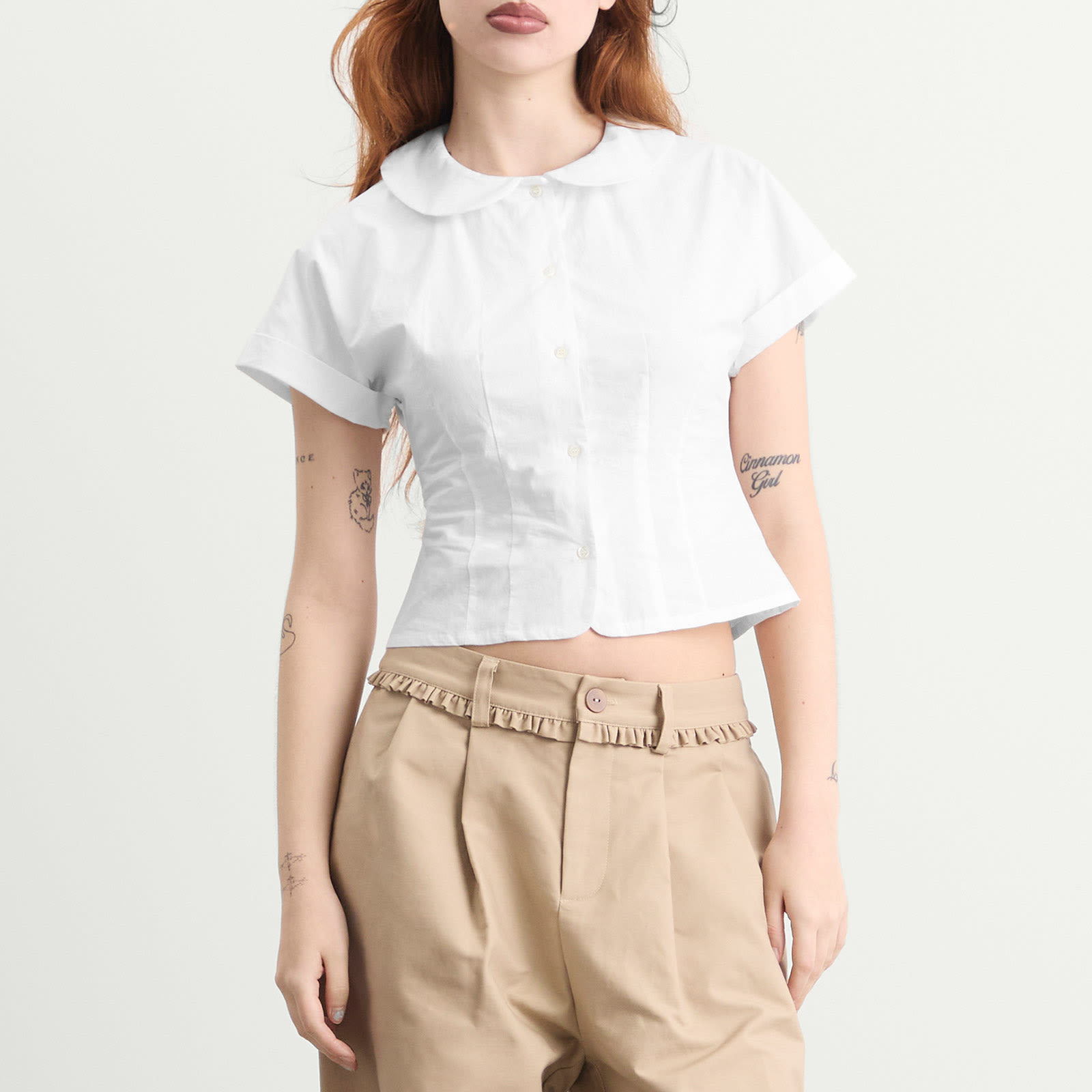 Women's Curved Collar Cap Sleeve Shirt in White