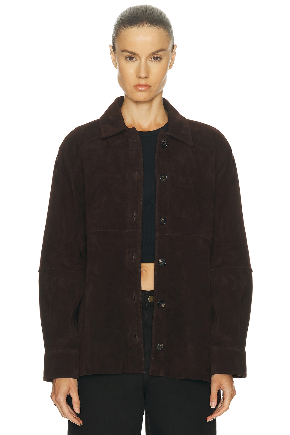 Staud Josette Suede Shirt in Espresso - Chocolate. XS also in L