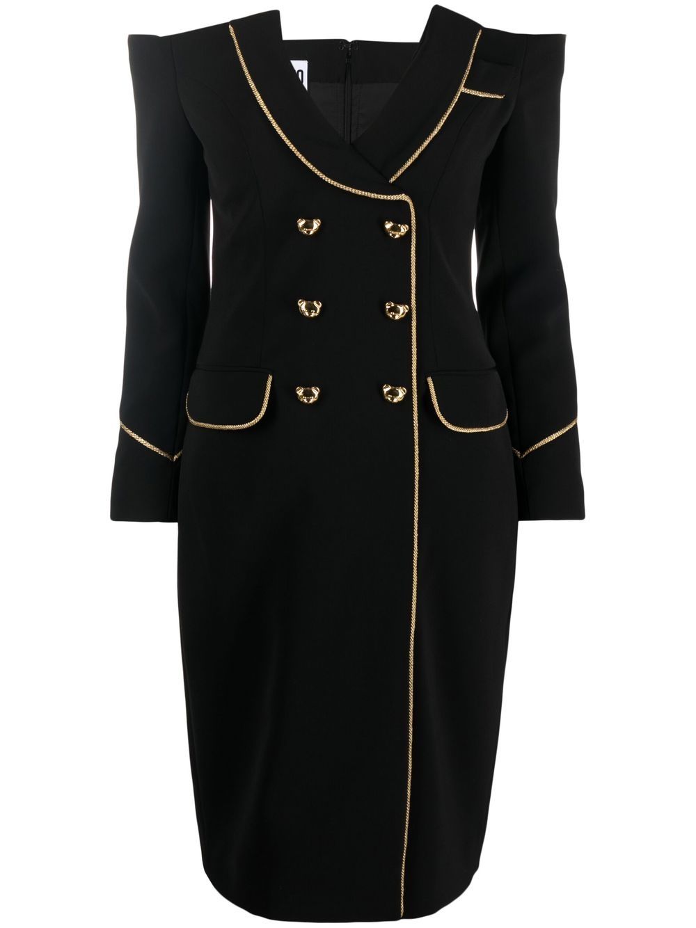 Teddy Bear-buttoned off-shoulder dress - Black