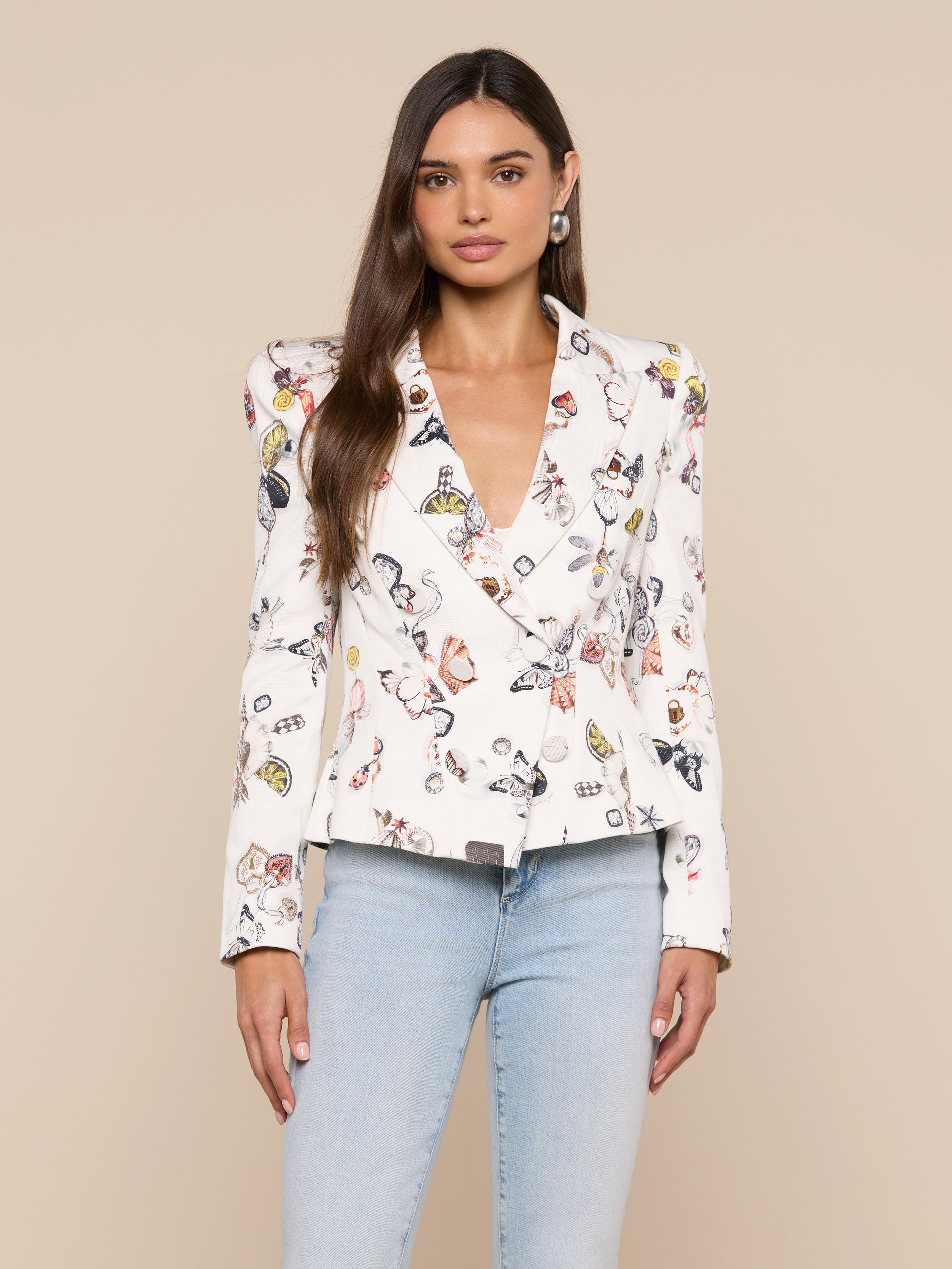 Bethany Structured Blazer In Ecru Multi Lock Butterfly