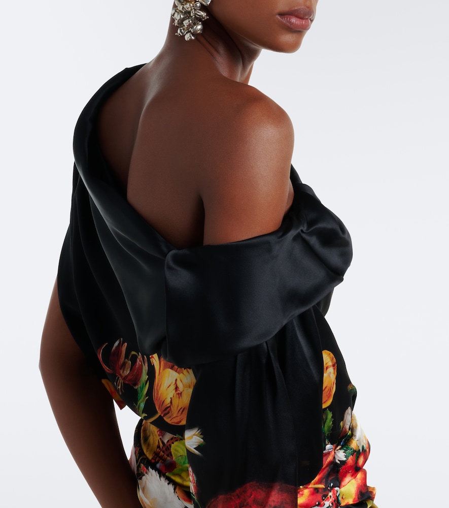 Draped printed silk satin gown