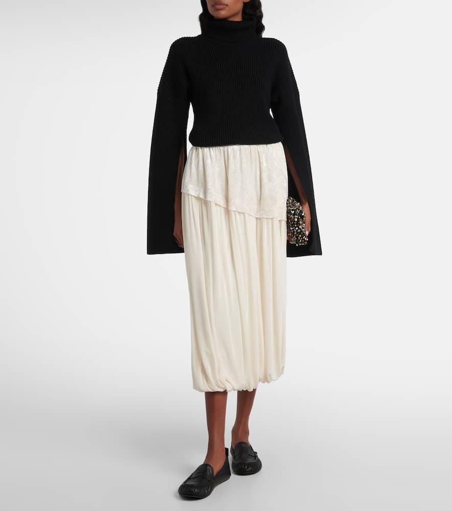Layered velvet-trimmed midi skirt