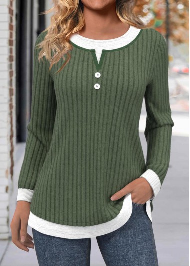 Modlily Olive Green Button Long Sleeve Round Neck T Shirt