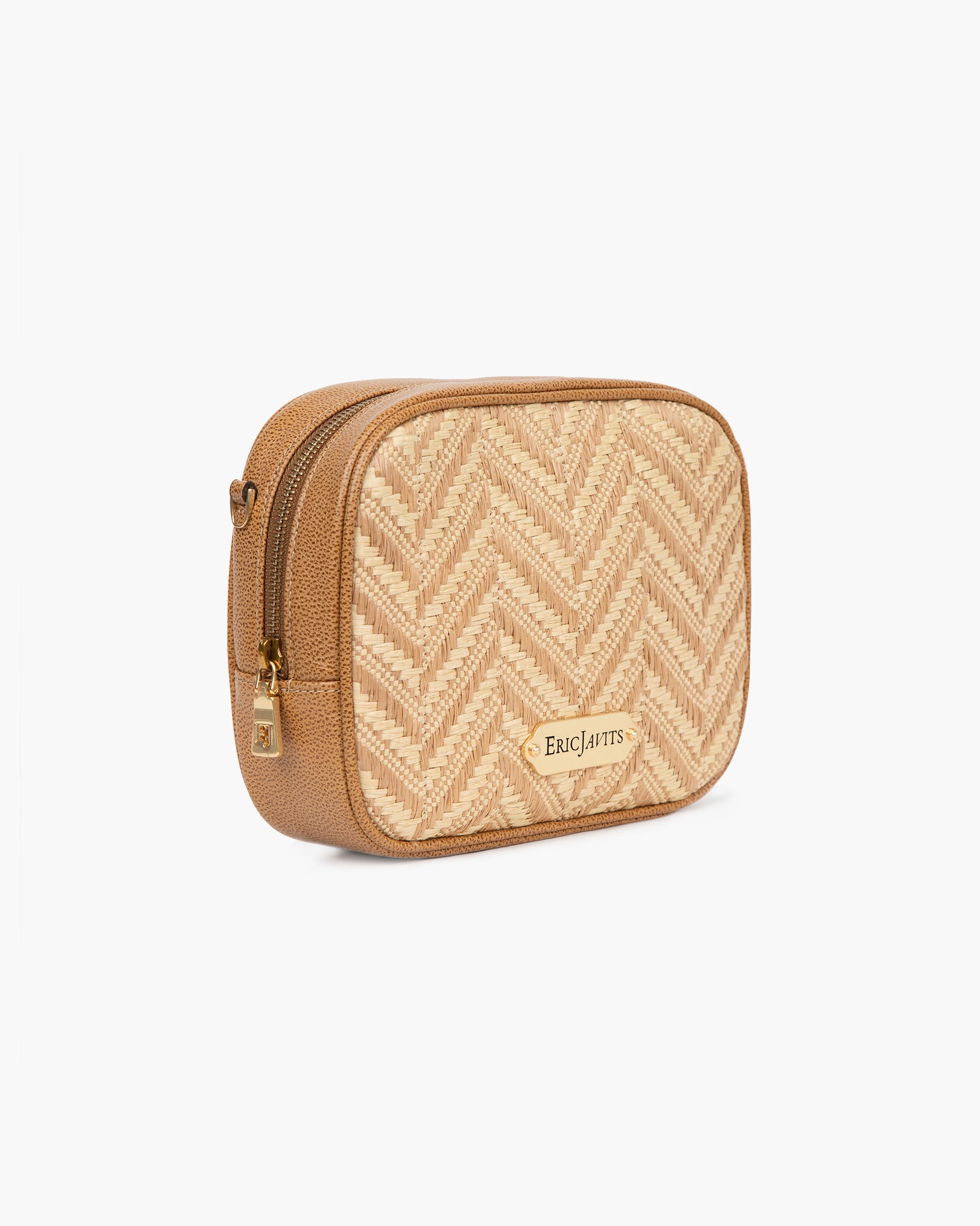 Peanut Calf Leather Zip Pouch for Women - Woven Raffia, Adjustable Strap, Dual Pockets