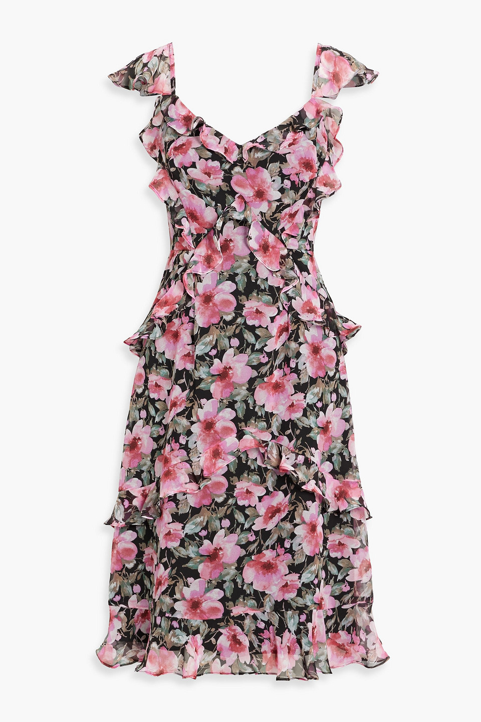 Ruffled floral-print chiffon dress - Black - US 16