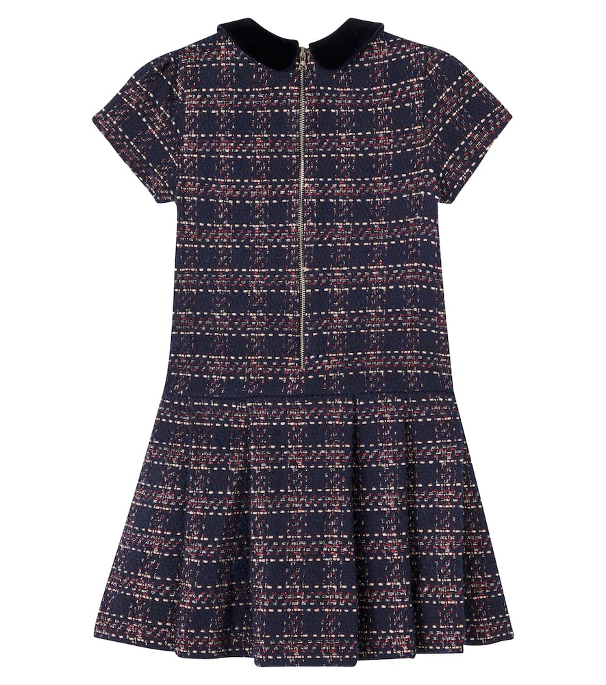 Velvet-trimmed tweed dress