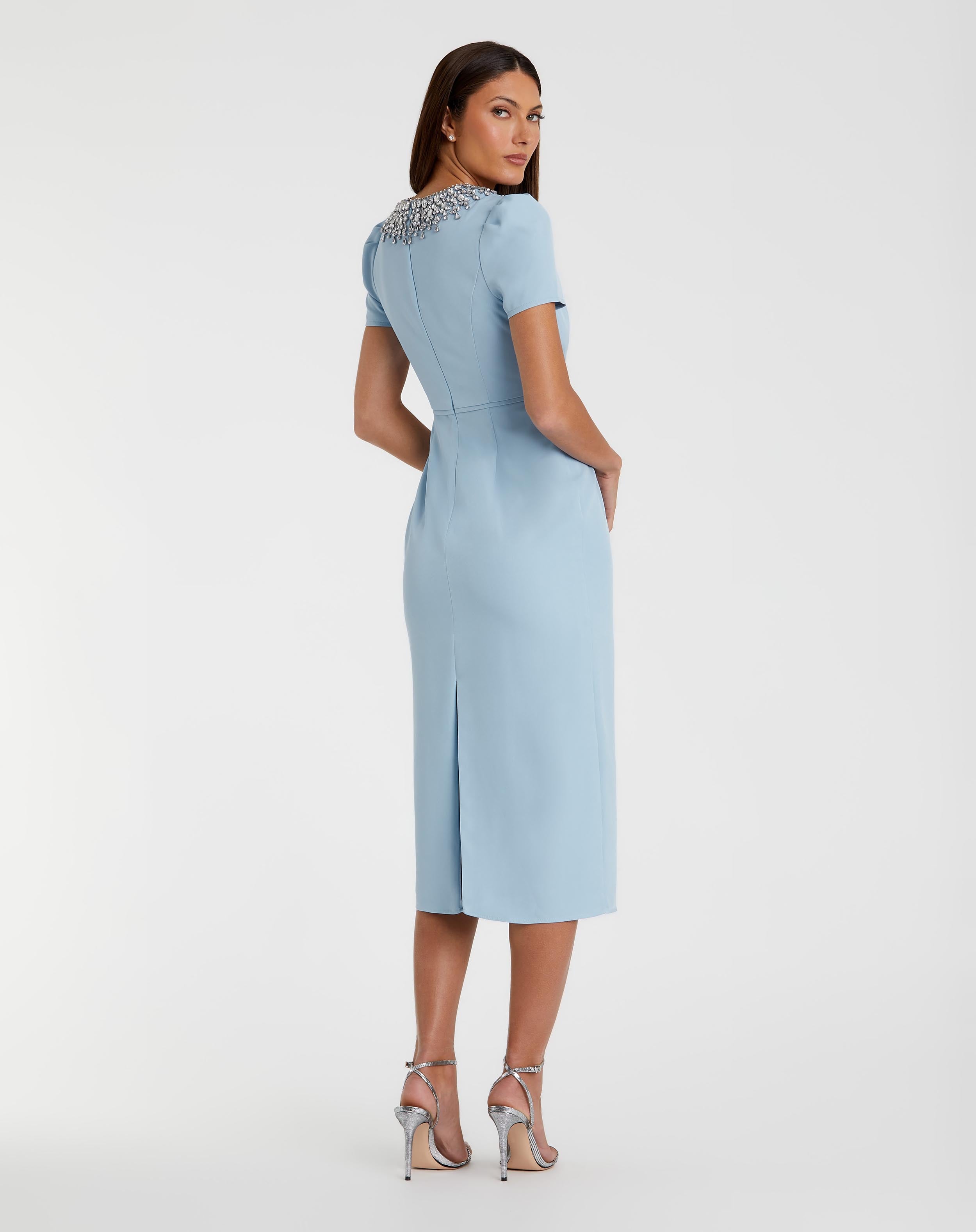 Blue Rhinestone Neckline Dress In