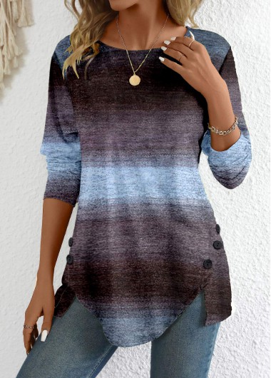 Modlily Patchwork Ombre Long Sleeve Round Neck T Shirt