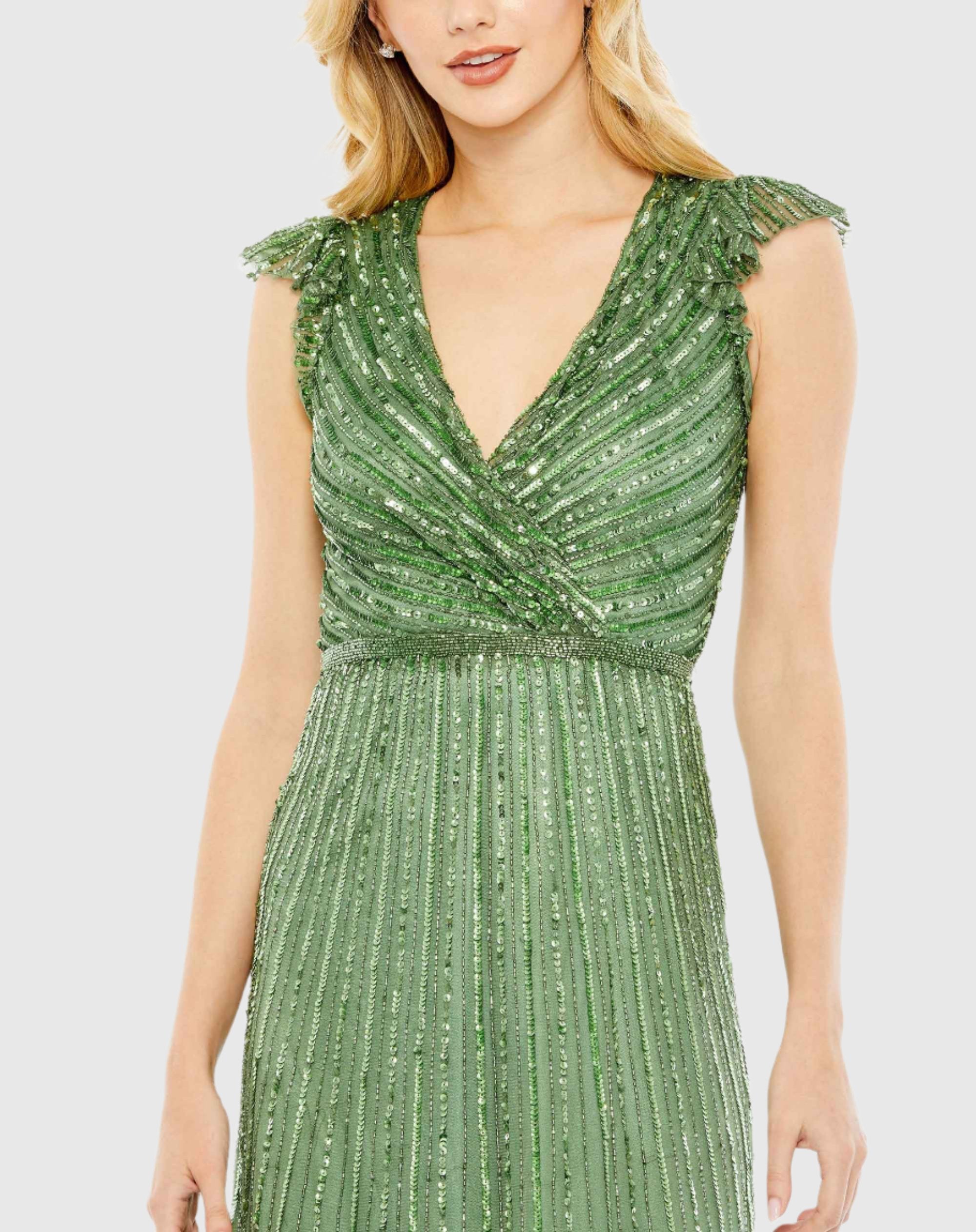 Sequined Wrap Over Cap Sleeve Ruffle Hem Wedding Guest Dress In Sage Green