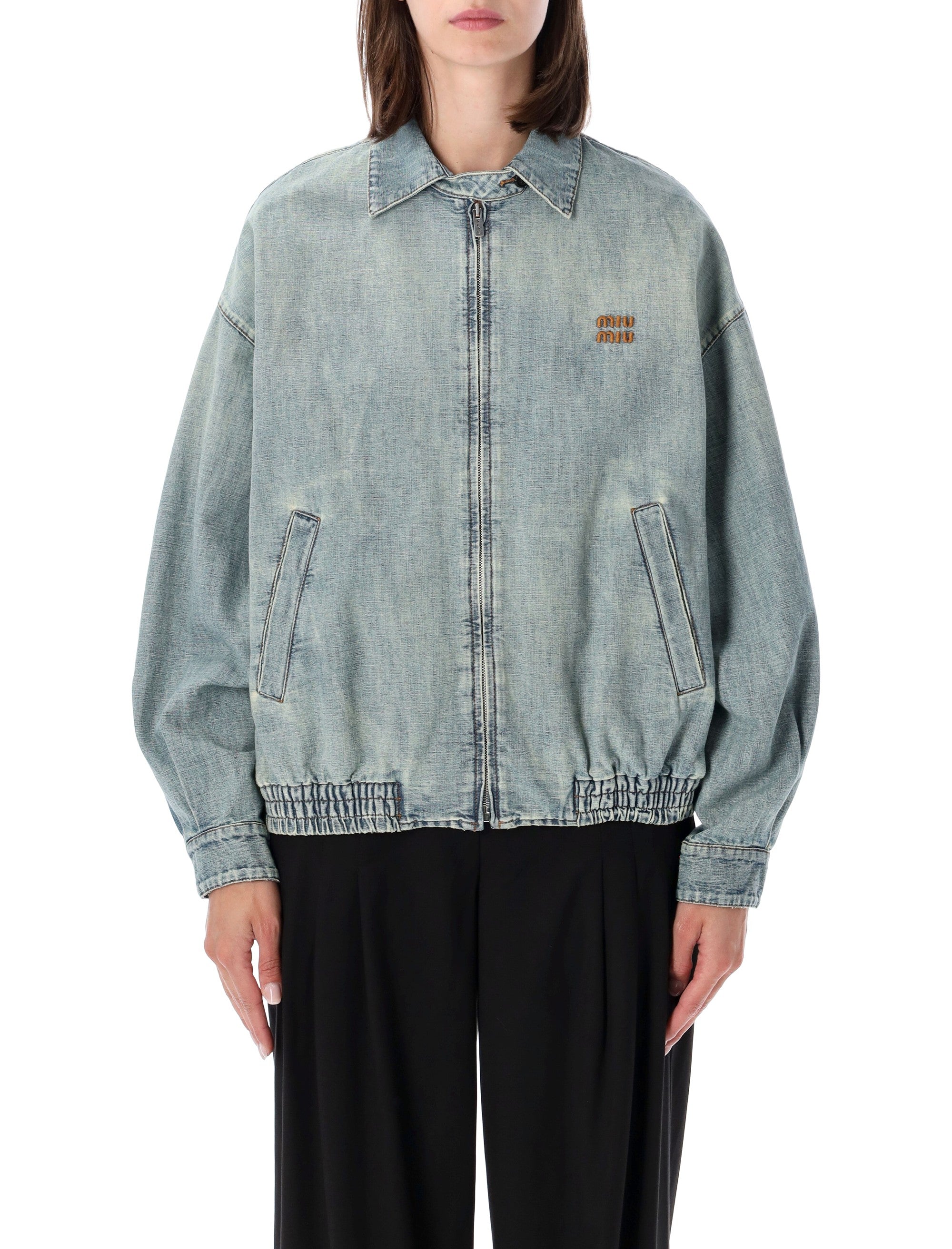 Stonewashed Chambray Oversized Blouson Jacket with Shirt-Style Collar