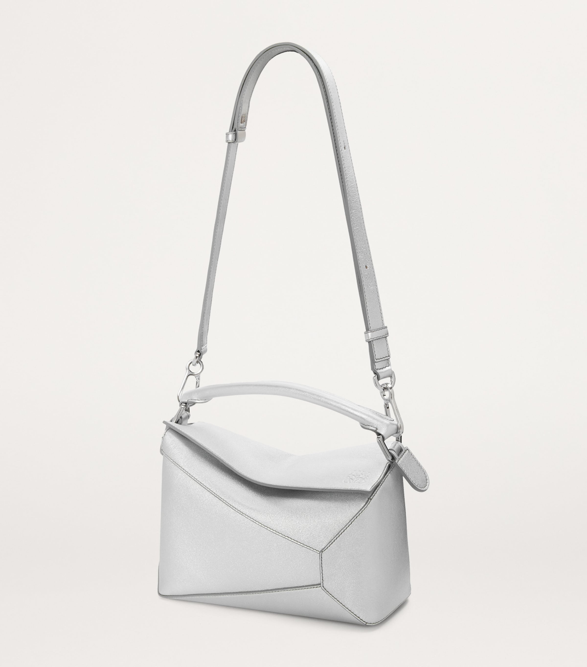 Small Metallic Leather Puzzle Top-Handle Bag