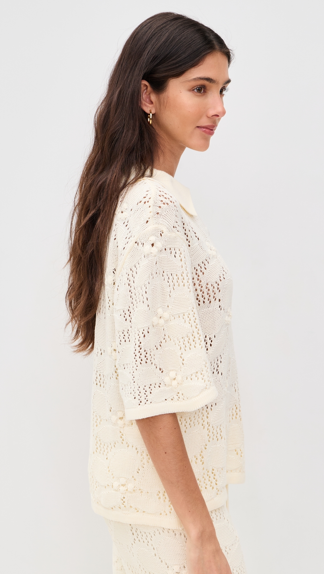Floral Crochet Short Sleeve Shirt Beige Shell