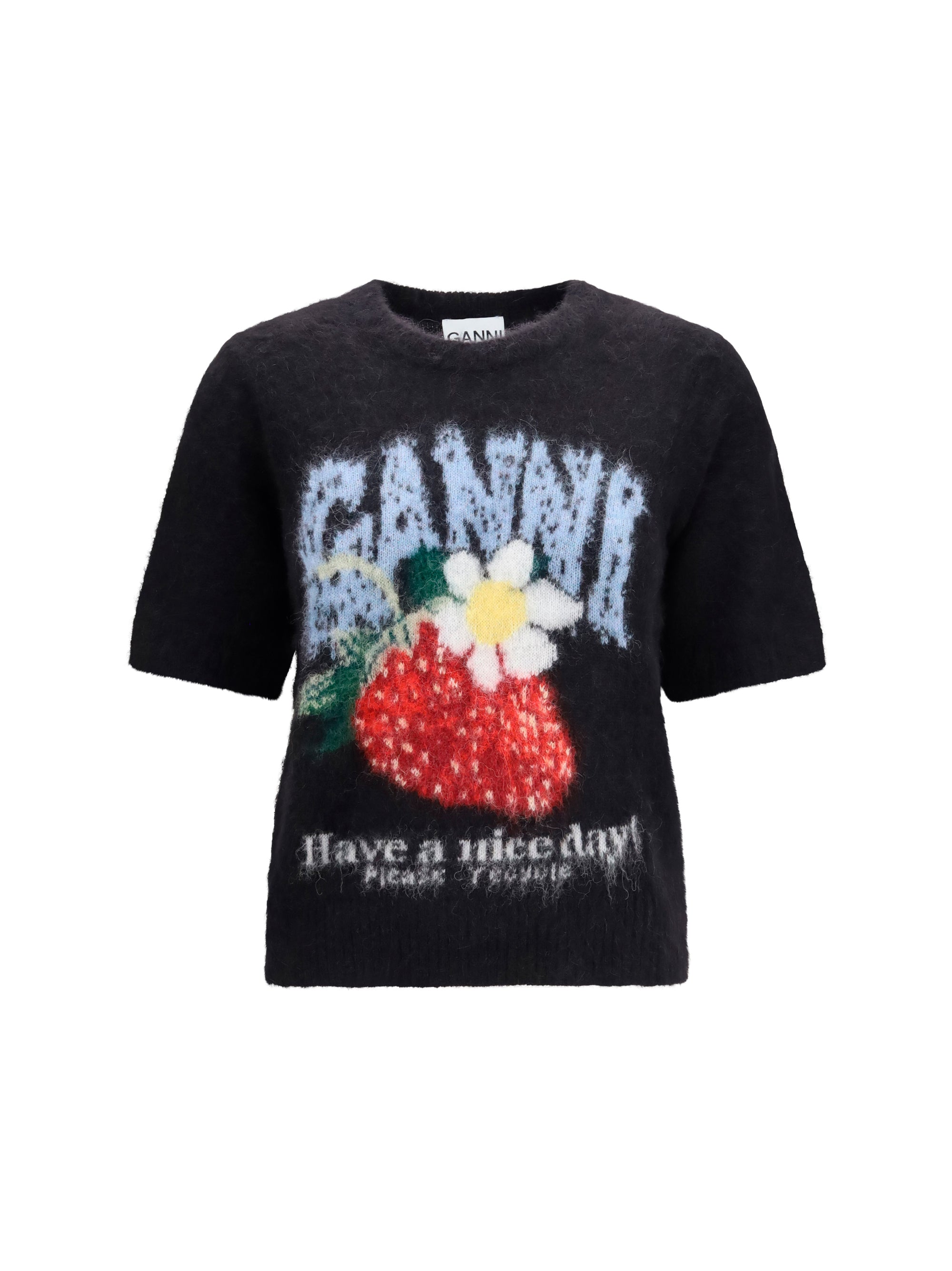 Intarsia Strawberry-Print Alpaca-Blend T-Shirt — Black